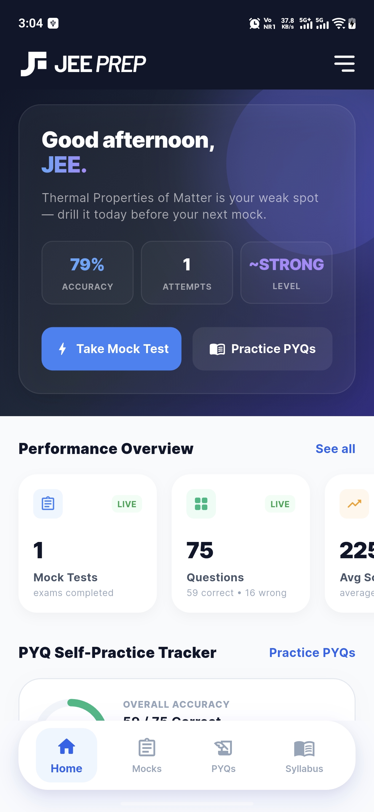 JEE PREP Mobile App Screen 1